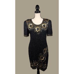 Laurence Kazar Black and Gold Silk Beaded and Sequined Formal Dress Size Large